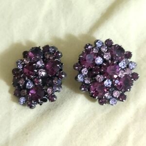 Vintage Rhinestone Purple Cluster Silver Clip-On Back Earrings